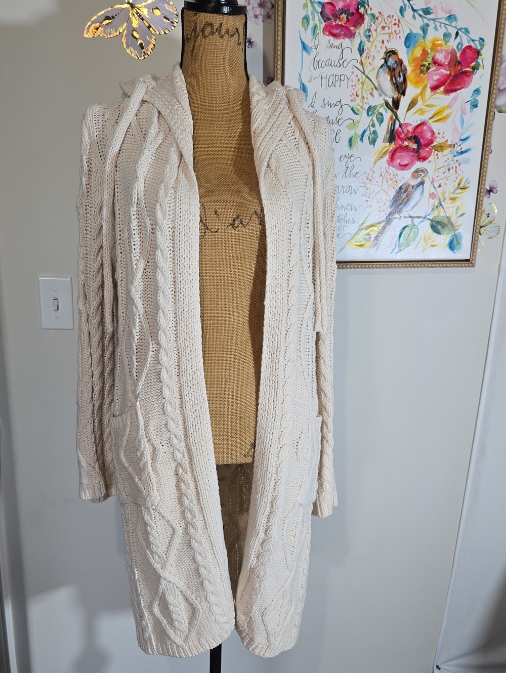 POL Cream Cable Knit Hooded Open-Front Cardigan